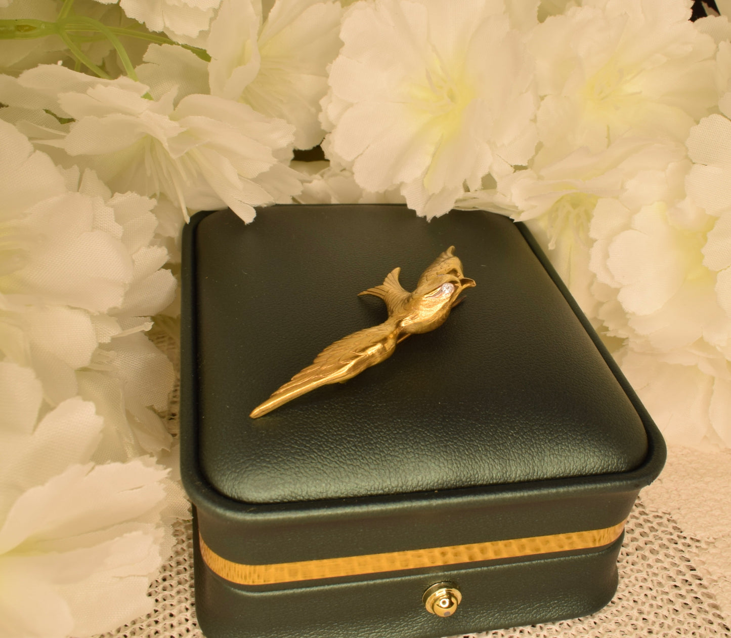 Vintage Swallow Bird Brooch, 24K Gold Plated, Rhinestone Eyes, Signed Fix, Antique French Jewelry, Bird Brooch with Spread Wings