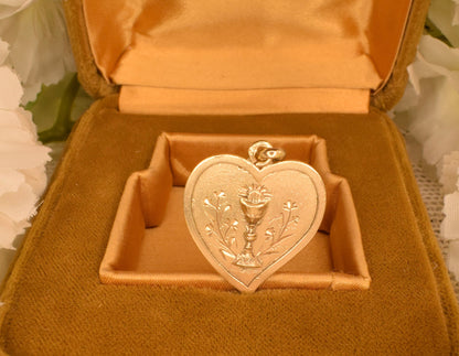 Antique French Heart Religious Medal, Vermeil Gold-Plated Solid Silver, Chalice Host Flowers Engraved 1898, First Communion Jewelry
