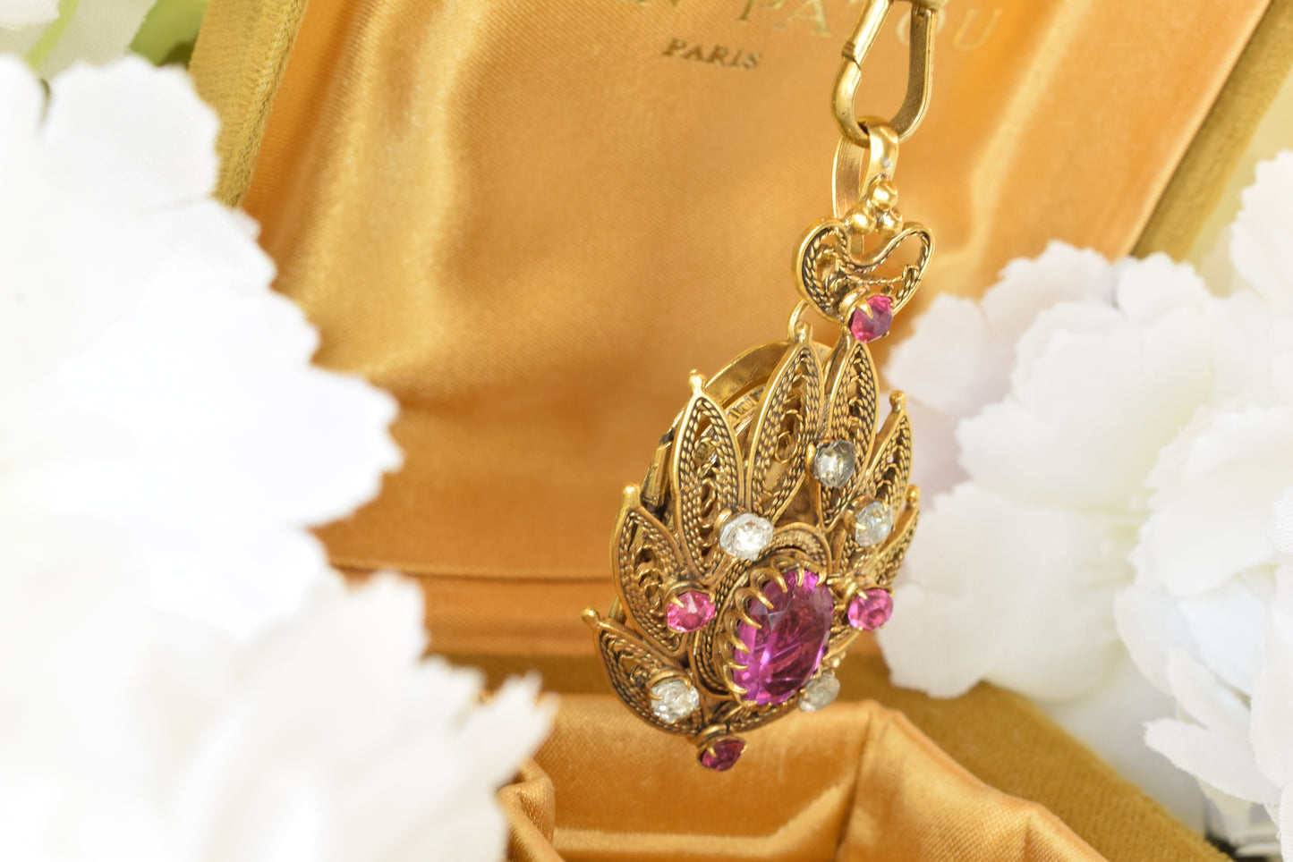 Antique 19th Century Gold Plated Filigree Pendant Brooch, Cannetille Lotus Design, Pink Faceted Glass Paste, Convertible Locket, Victorian Jewelry