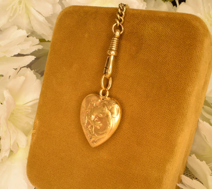 Antique Gold Plated Heart Pendant, Art Nouveau Chimera Charm, FIX Hallmark, Puffy Heart Vintage Jewelry