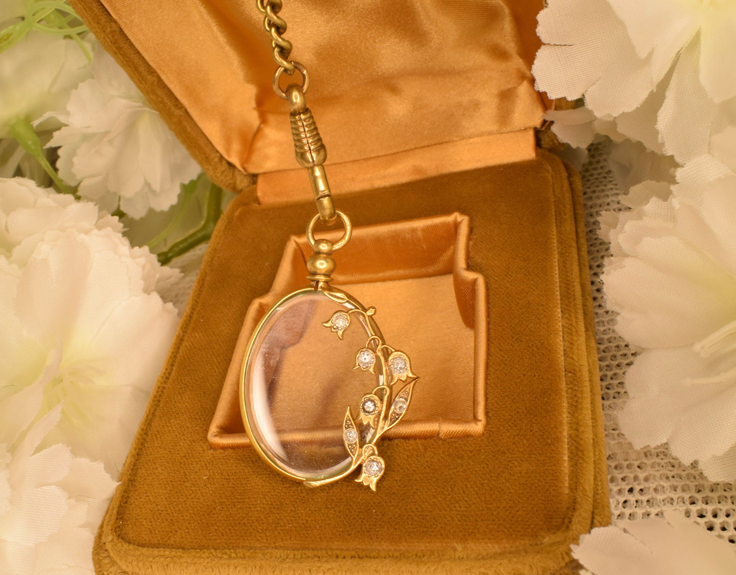 Antique Gold Plated Photo Locket Art Nouveau Lily of the Valley Circa 1900 Oval Pendant Beveled Glass Rhinestones Keepsake Jewelry