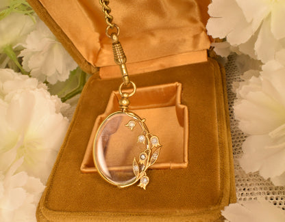Antique Gold Plated Photo Locket Art Nouveau Lily of the Valley Circa 1900 Oval Pendant Beveled Glass Rhinestones Keepsake Jewelry