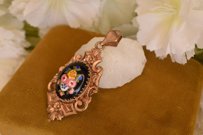 Antique Napoleon III Photo Locket Pendant Rose Gold Plated Hand-Painted Porcelain Flowers Victorian Necklace Circa 1880
