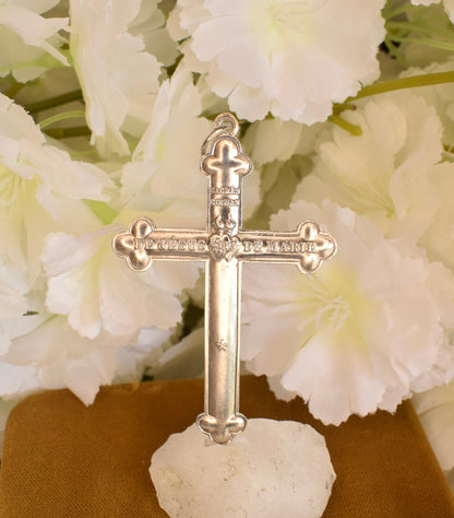 Antique Solid Silver Sacred Heart Cross, French Religious Pendant, Vintage De Jésus De Marie Cross