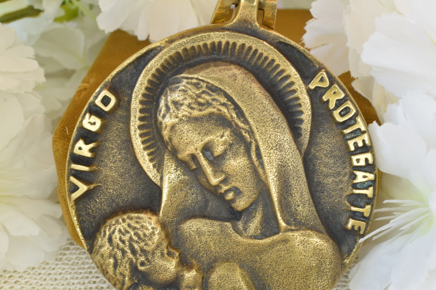 Antique French Bronze Medal Virgin and Child by Elie Pellegrin - Virgo Protegat Te - Vintage Religious Medallion