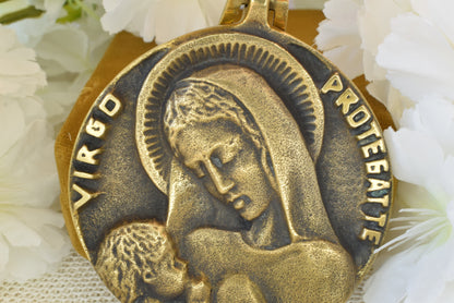Antique French Bronze Medal Virgin and Child by Elie Pellegrin - Virgo Protegat Te - Vintage Religious Medallion