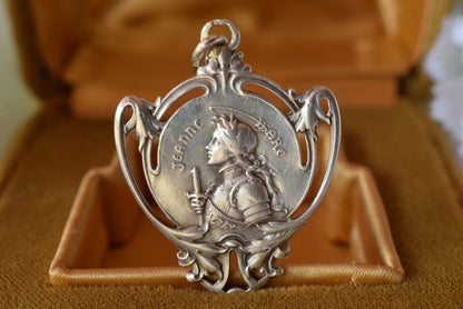 Antique Joan of Arc Medal Solid Silver 800 Art Nouveau Rare French Pendant 1900s