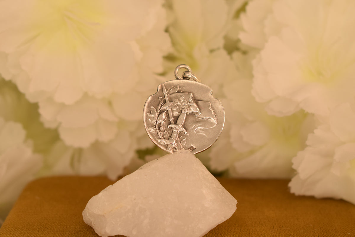 Antique Joan of Arc Solid Silver Medal Signed Becker – French Art Nouveau Religious Pendant – Early 1900s