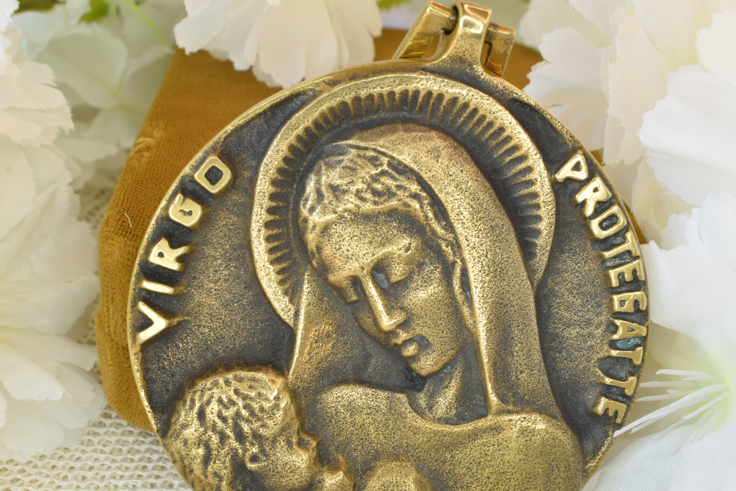 Antique French Bronze Medal Virgin and Child by Elie Pellegrin - Virgo Protegat Te - Vintage Religious Medallion