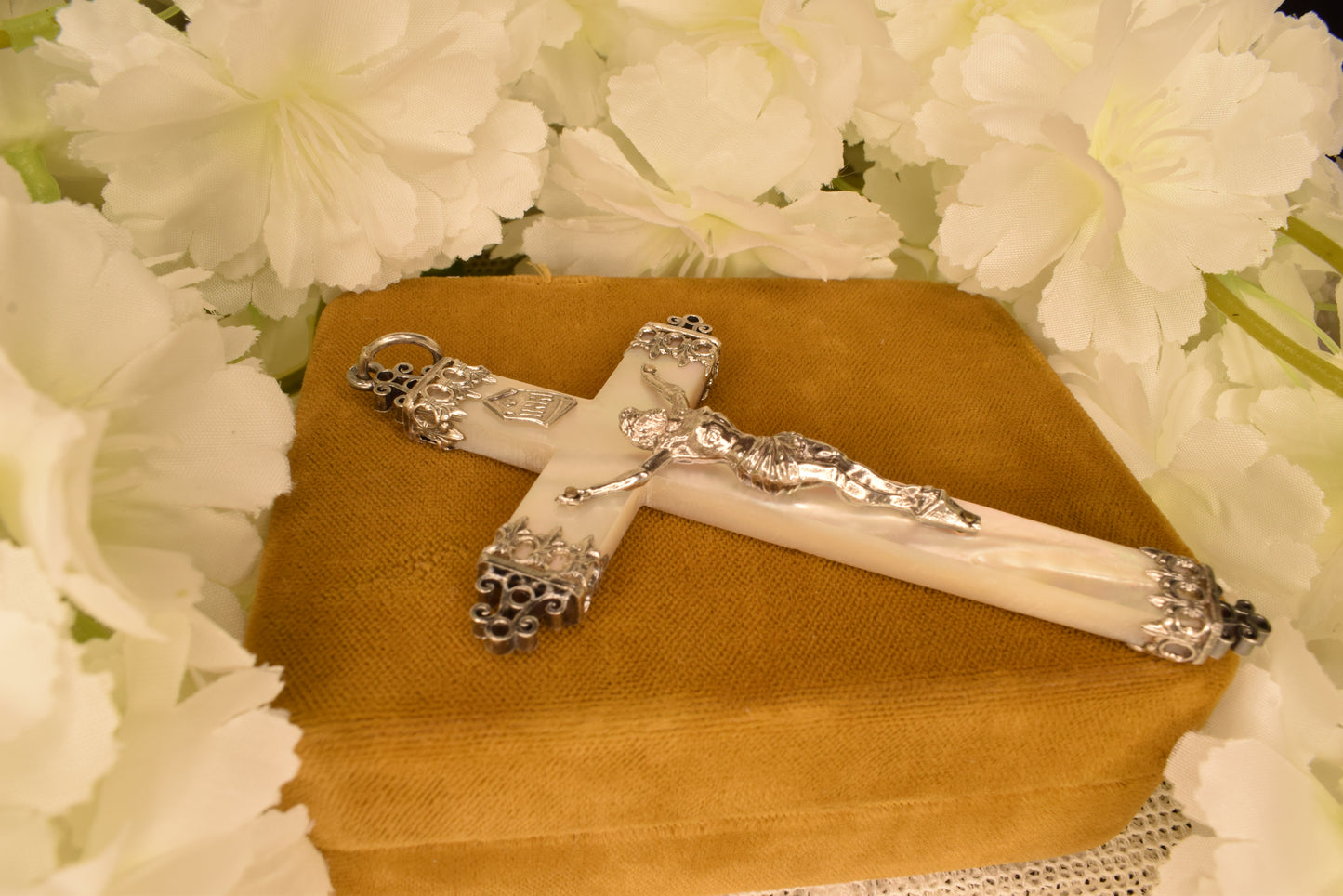 Large Antique Mother of Pearl & Solid Silver Cross Pendant, 19th Century Hallmarked French Crucifix