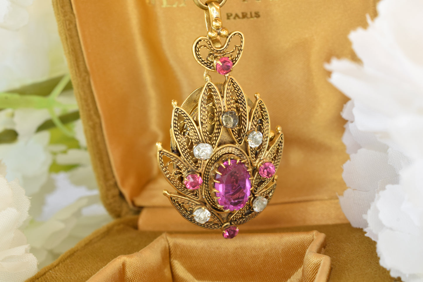 Antique 19th Century Gold Plated Filigree Pendant Brooch, Cannetille Lotus Design, Pink Faceted Glass Paste, Convertible Locket, Victorian Jewelry