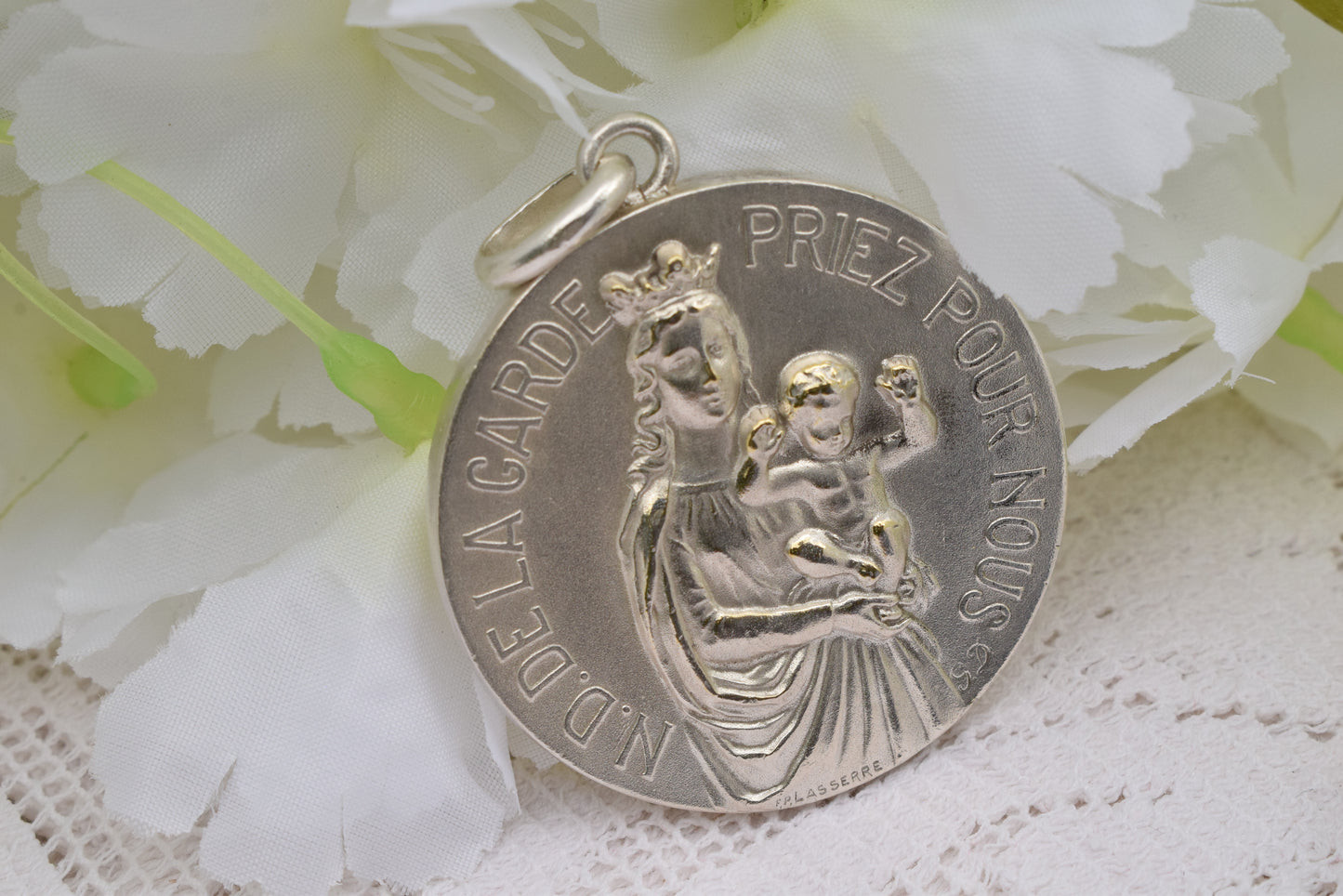 Antique Notre-Dame de la Garde Medal Signed Lasserre – Silver-Plated Bronze 40mm, French Vintage Religious Jewelry, Virgin & Child Pendant Collectible