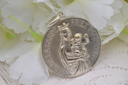 Antique Notre-Dame de la Garde Medal Signed Lasserre – Silver-Plated Bronze 40mm, French Vintage Religious Jewelry, Virgin & Child Pendant Collectible