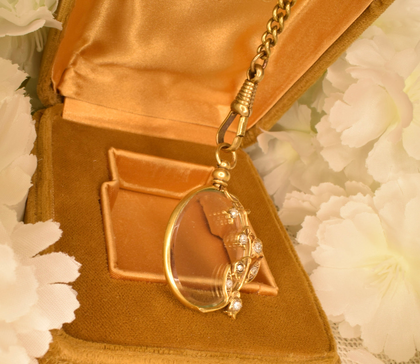 Antique Gold Plated Photo Locket Art Nouveau Lily of the Valley Circa 1900 Oval Pendant Beveled Glass Rhinestones Keepsake Jewelry