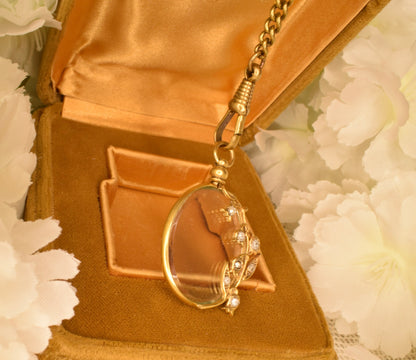 Antique Gold Plated Photo Locket Art Nouveau Lily of the Valley Circa 1900 Oval Pendant Beveled Glass Rhinestones Keepsake Jewelry