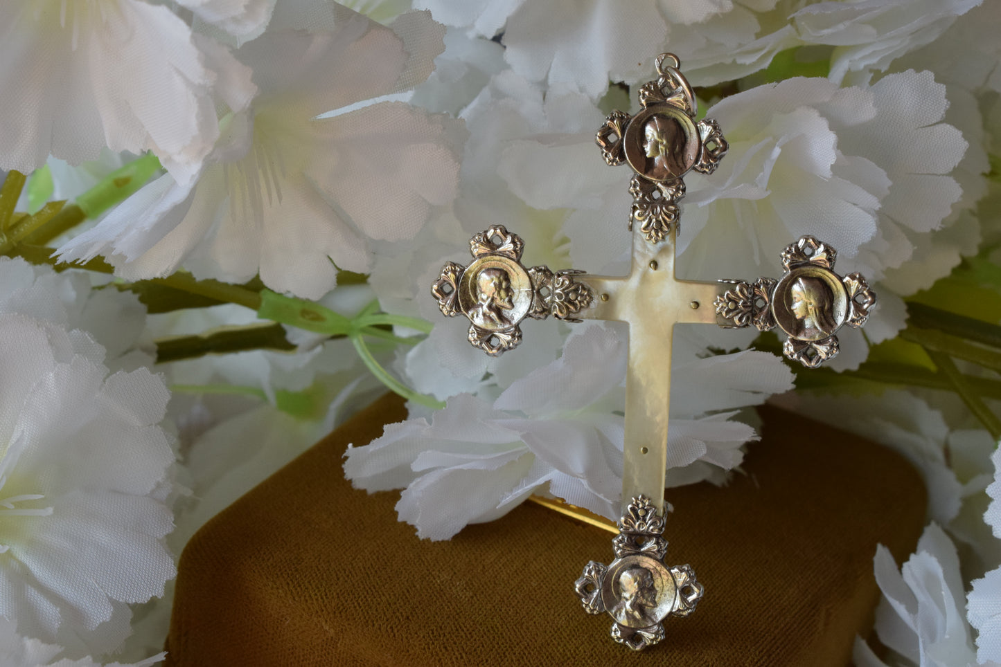 Antique French Silver Mother of Pearl Cross Pendant, Weevil "Charançon" Hallmark 800 Silver, Religious Crucifix with Christ & Virgin Mary Medallions, Belle Époque Mission Cross