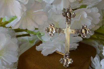 Antique French Silver Mother of Pearl Cross Pendant, Weevil "Charançon" Hallmark 800 Silver, Religious Crucifix with Christ & Virgin Mary Medallions, Belle Époque Mission Cross