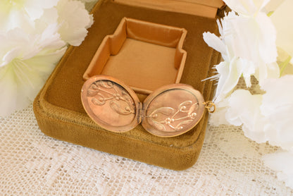 Antique Art Nouveau Gold Filled Locket, Mistletoe Flower Repoussé Pendant, French Round Photo Locket 28mm