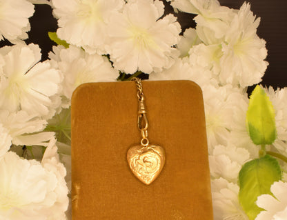Antique Gold Plated Heart Pendant, Art Nouveau Chimera Charm, FIX Hallmark, Puffy Heart Vintage Jewelry