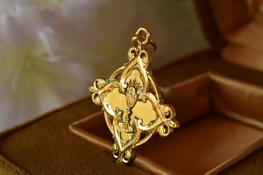Antique French Vermeil Communion Medal, Silver Gilt Chalice & Host Pendant, Fleur-de-Lys Openwork Religious Medal