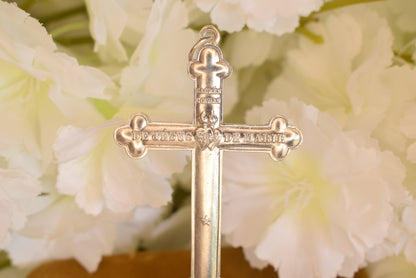 Antique Solid Silver Sacred Heart Cross, French Religious Pendant, Vintage De Jésus De Marie Cross