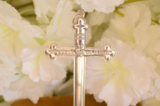 Antique Solid Silver Sacred Heart Cross, French Religious Pendant, Vintage De Jésus De Marie Cross