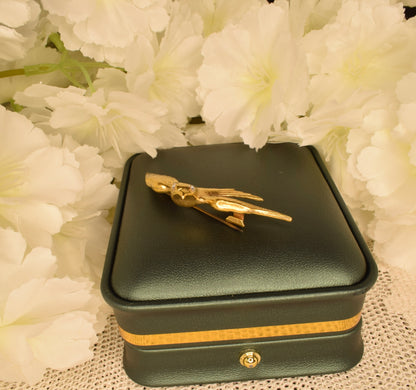 Vintage Swallow Bird Brooch, 24K Gold Plated, Rhinestone Eyes, Signed Fix, Antique French Jewelry, Bird Brooch with Spread Wings