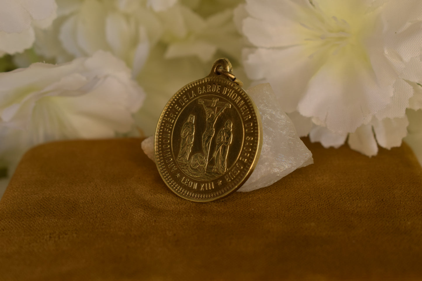 Antique Bronze Religious Medal ✦ Sacred Heart, Virgin Mary, St John & Mary Magdalene ✦ Pope Leo XIII ✦ Guard of Honor ✦ Signed Penin Lyon 19th C