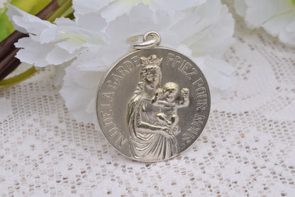 Antique Notre-Dame de la Garde Medal Signed Lasserre – Silver-Plated Bronze 40mm, French Vintage Religious Jewelry, Virgin & Child Pendant Collectible