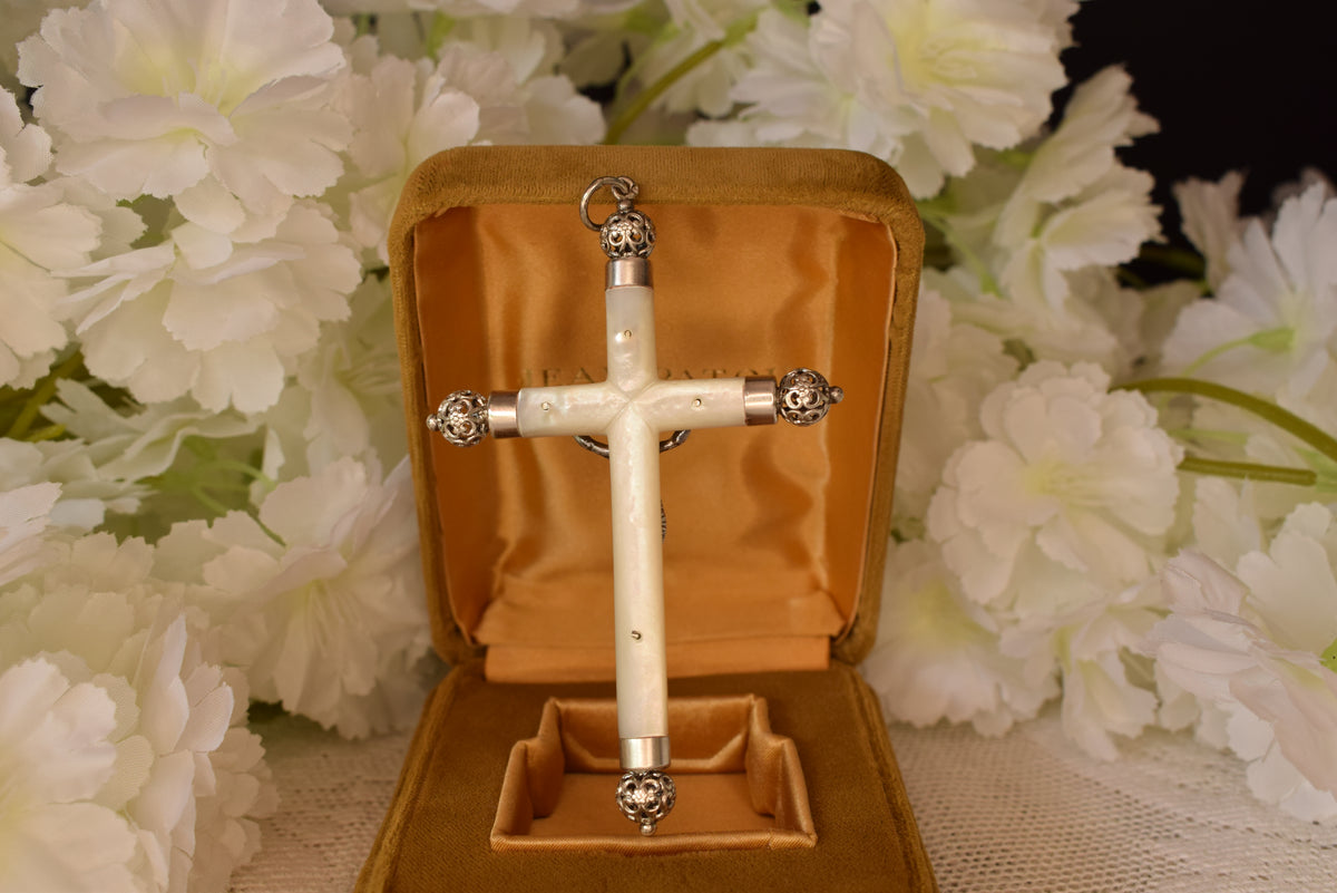 Antique 19th Century French Mother of Pearl Crucifix – Hallmarked Solid Silver Cross – Religious Pendant 92mm