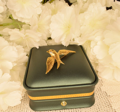 Vintage Swallow Bird Brooch, 24K Gold Plated, Rhinestone Eyes, Signed Fix, Antique French Jewelry, Bird Brooch with Spread Wings