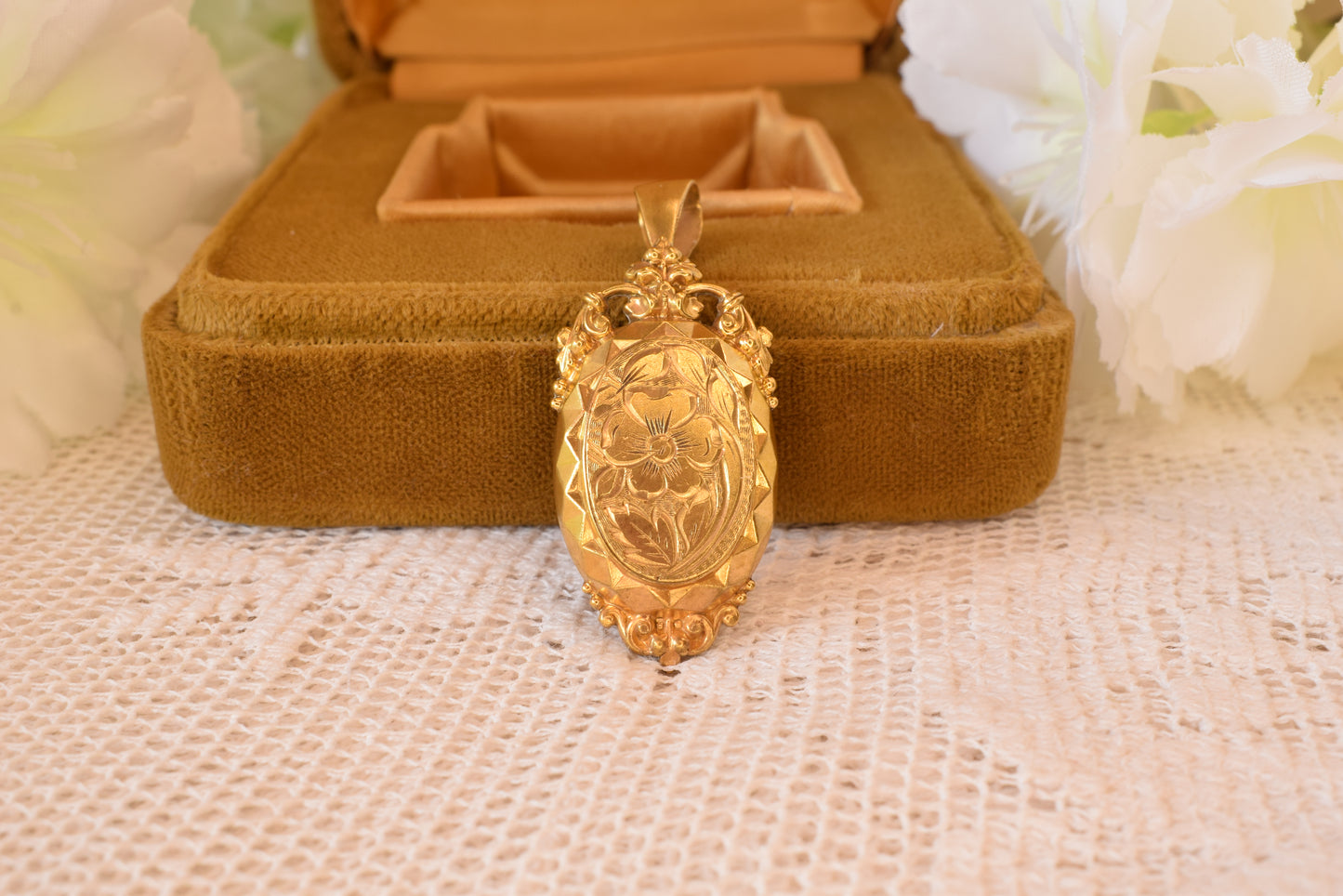 Antique Victorian Style Oval Locket Pendant, Gold Plated Floral Engraved Photo Locket, Ornate Crown Bail Diamond Cut
