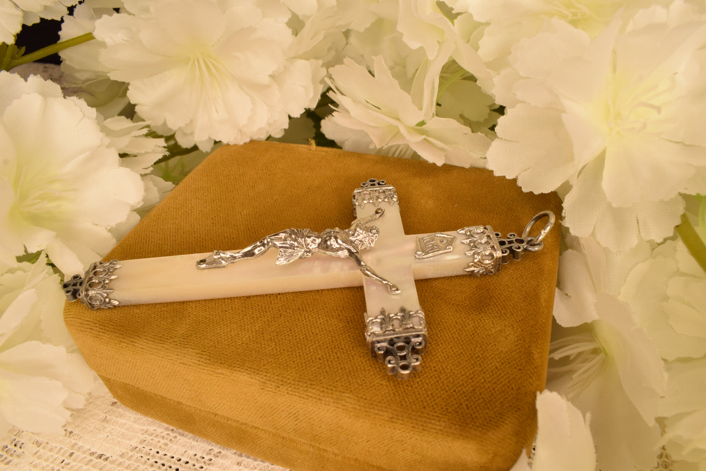 Large Antique Mother of Pearl & Solid Silver Cross Pendant, 19th Century Hallmarked French Crucifix