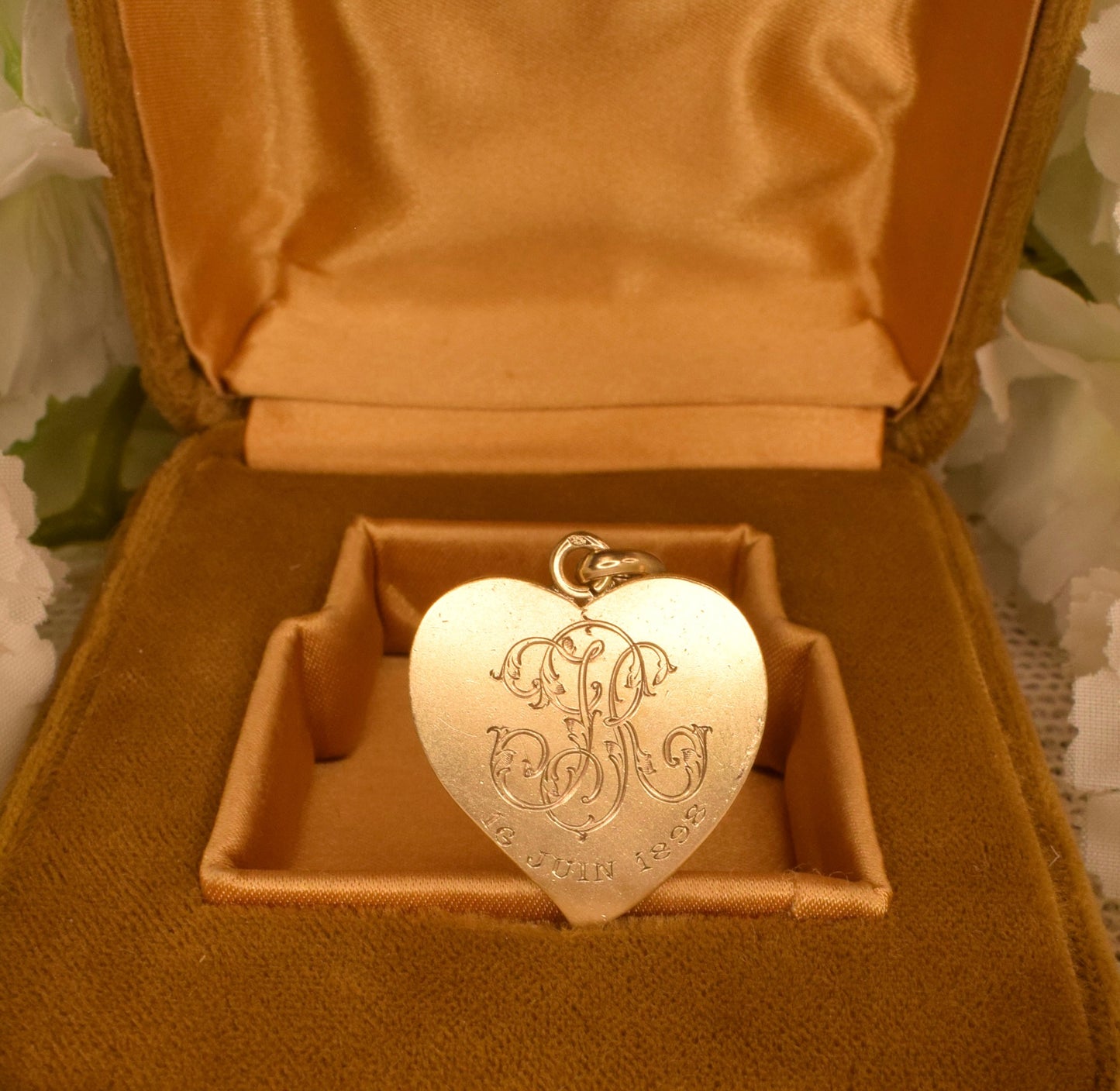 Antique French Heart Religious Medal, Vermeil Gold-Plated Solid Silver, Chalice Host Flowers Engraved 1898, First Communion Jewelry