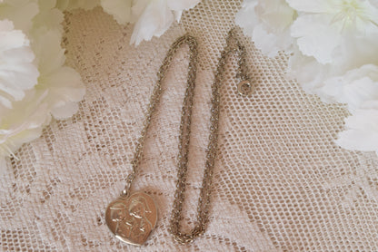 Antique French Sterling Silver Heart Pendant Necklace, "Les Amoureux de Peynet" Lovers Medallion, Vintage 1960s Romantic Charm, Signed Contaux