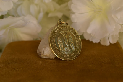 Antique Bronze Religious Medal ✦ Sacred Heart, Virgin Mary, St John & Mary Magdalene ✦ Pope Leo XIII ✦ Guard of Honor ✦ Signed Penin Lyon 19th C