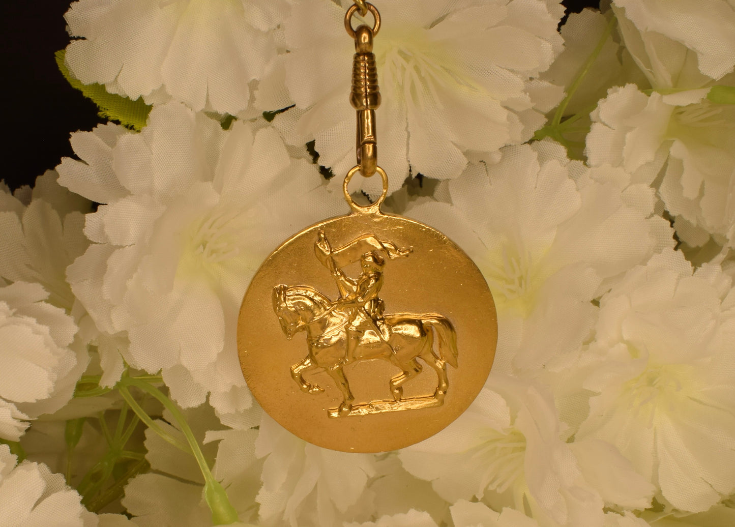 Antique Joan of Arc Medal Gilt Bronze 24K Gold Plated Pendant Art Nouveau Fleur de Lys French Equestrian Medallion Collectible