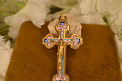 Antique Italian Pectoral Cross Micro-Ceramic Gilt Brass Crucifix Religious Antique Vatican Rome Souvenir Collectible Jewelry