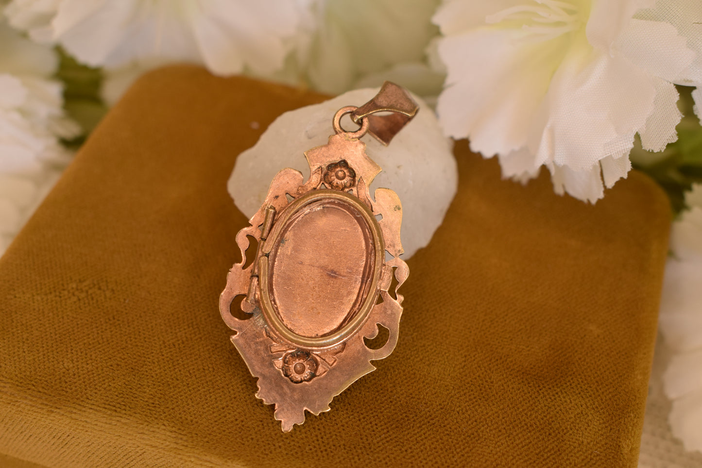 Antique Napoleon III Photo Locket Pendant Rose Gold Plated Hand-Painted Porcelain Flowers Victorian Necklace Circa 1880