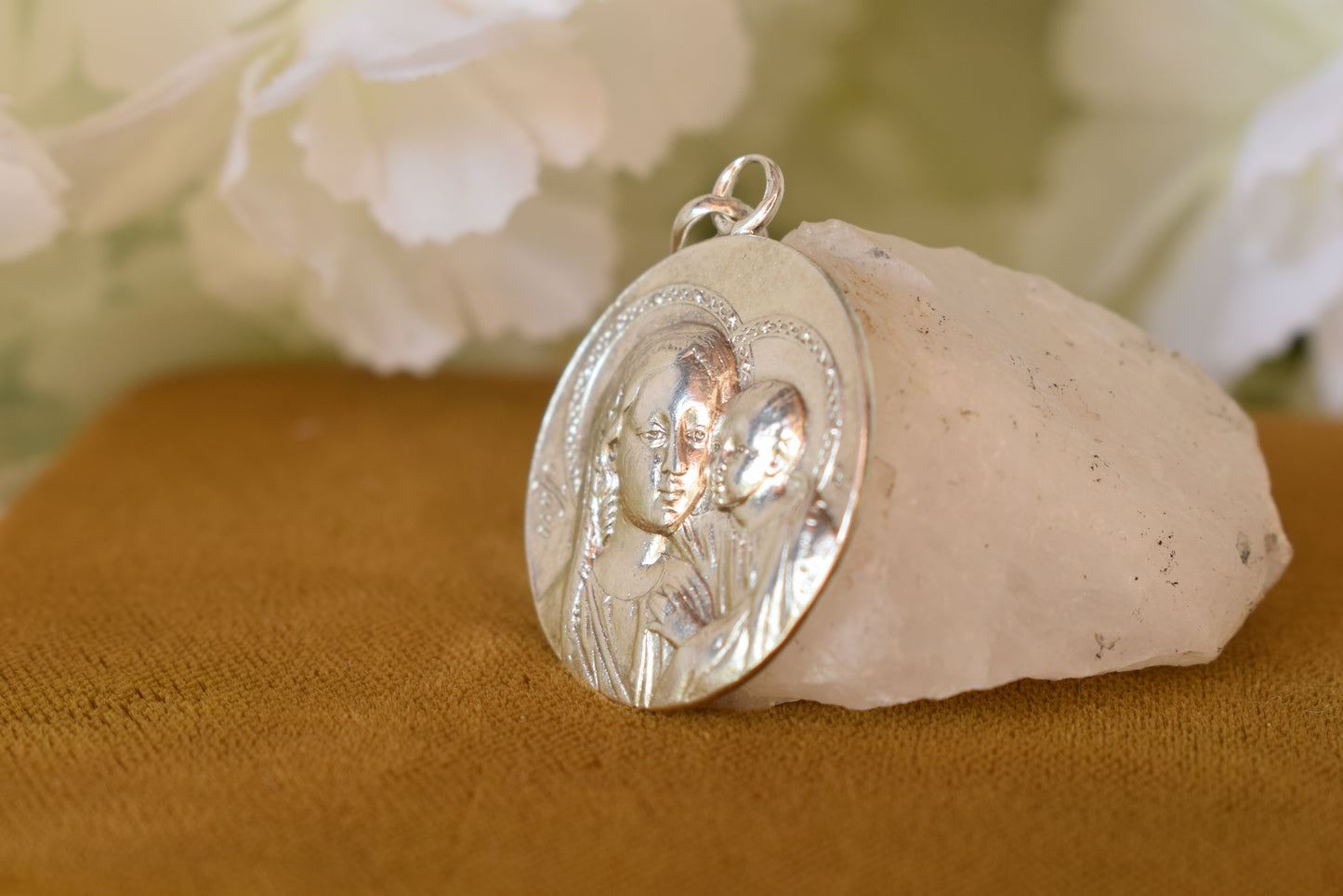 Antique Sterling Silver Madonna and Child Medal Signed KARO – French Religious Pendant with Lily, 25mm