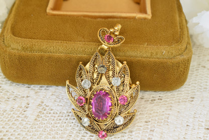 Antique 19th Century Gold Plated Filigree Pendant Brooch, Cannetille Lotus Design, Pink Faceted Glass Paste, Convertible Locket, Victorian Jewelry