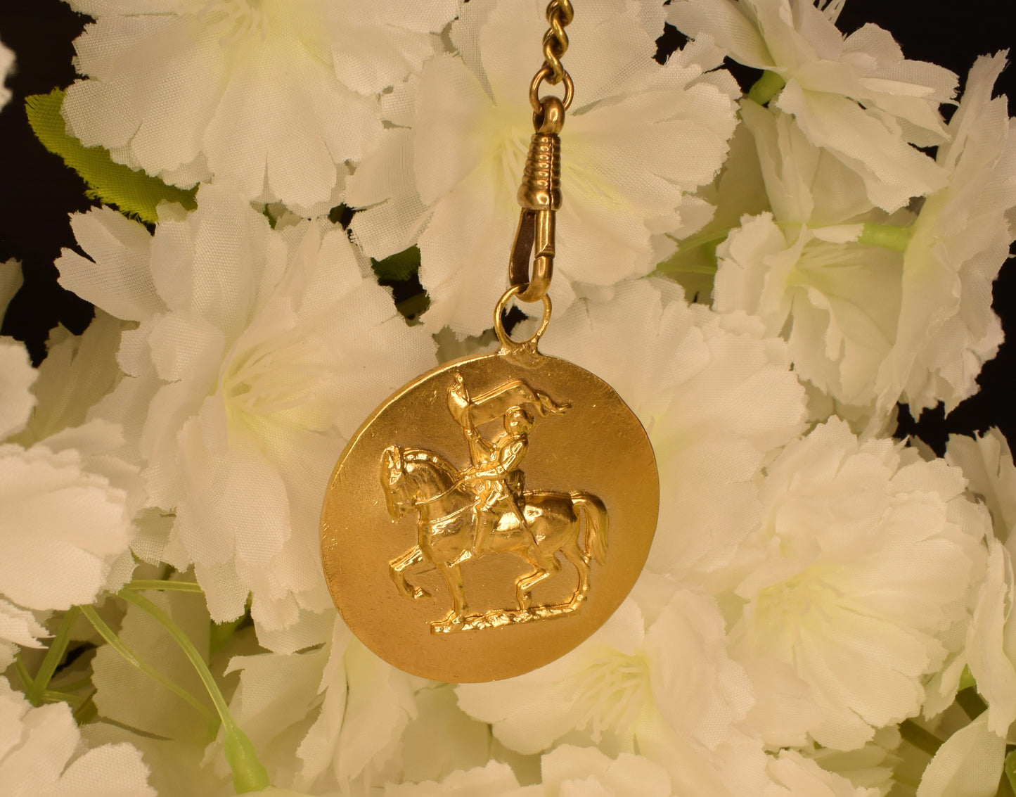 Antique Joan of Arc Medal Gilt Bronze 24K Gold Plated Pendant Art Nouveau Fleur de Lys French Equestrian Medallion Collectible