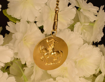 Antique Joan of Arc Medal Gilt Bronze 24K Gold Plated Pendant Art Nouveau Fleur de Lys French Equestrian Medallion Collectible