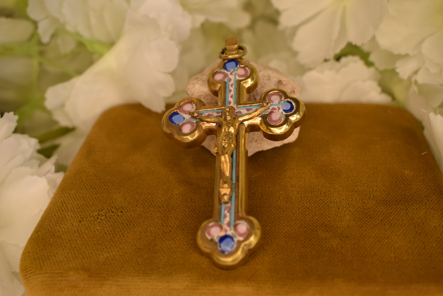 Antique Italian Pectoral Cross Micro-Ceramic Gilt Brass Crucifix Religious Antique Vatican Rome Souvenir Collectible Jewelry