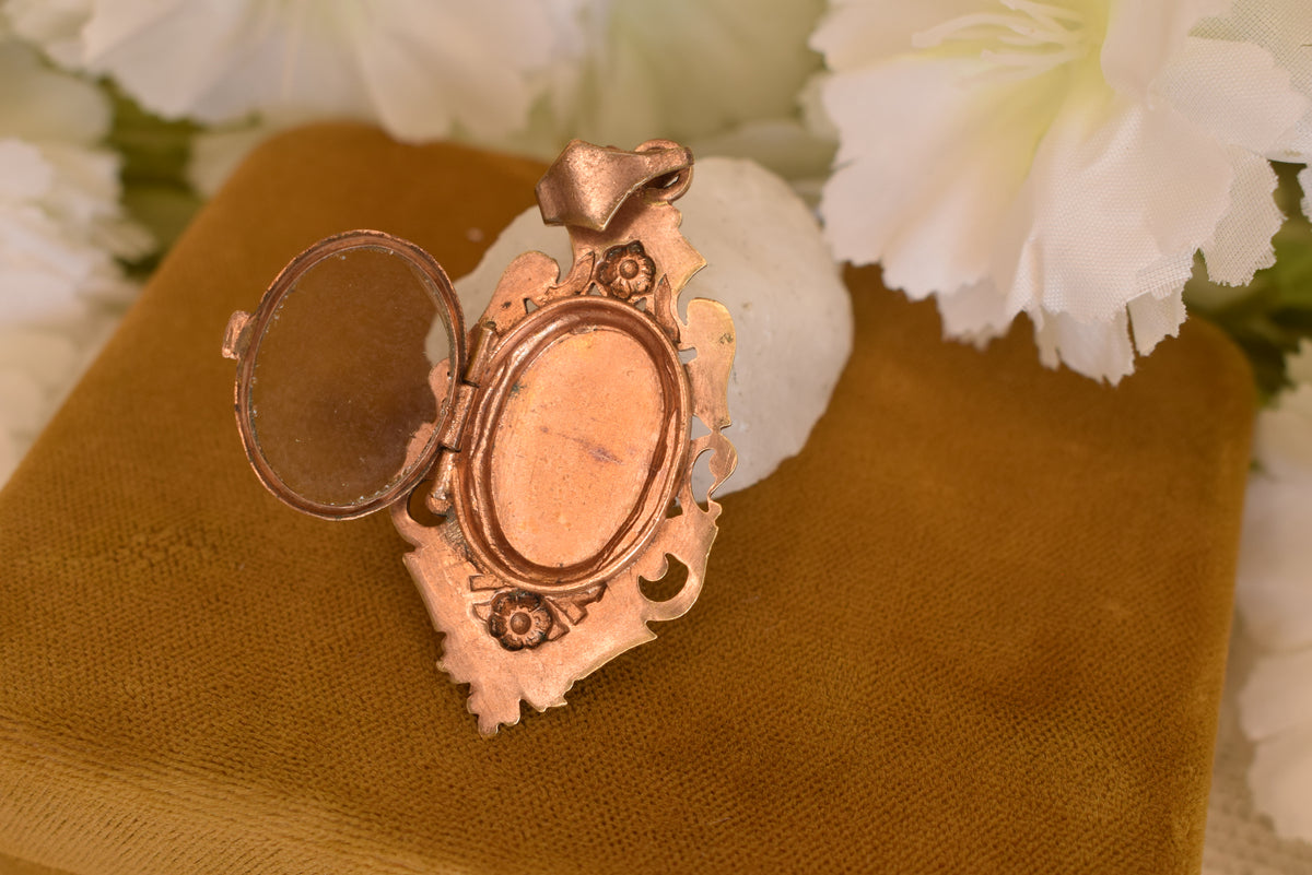 Antique Napoleon III Photo Locket Pendant Rose Gold Plated Hand-Painted Porcelain Flowers Victorian Necklace Circa 1880