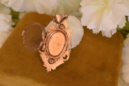 Antique Napoleon III Photo Locket Pendant Rose Gold Plated Hand-Painted Porcelain Flowers Victorian Necklace Circa 1880