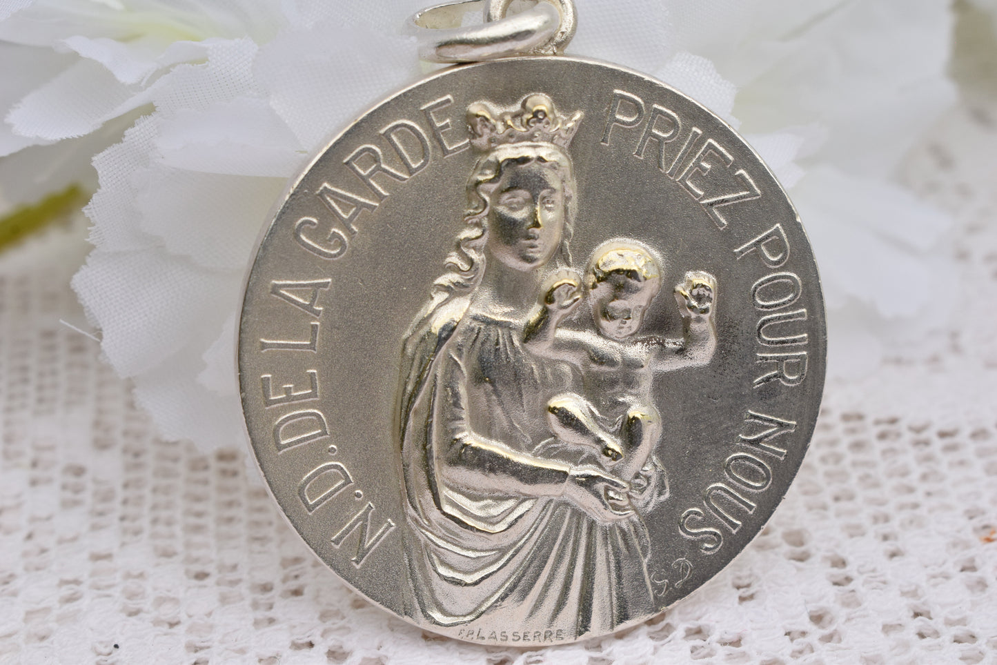 Antique Notre-Dame de la Garde Medal Signed Lasserre – Silver-Plated Bronze 40mm, French Vintage Religious Jewelry, Virgin & Child Pendant Collectible