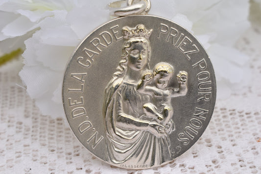Antique Notre-Dame de la Garde Medal Signed Lasserre – Silver-Plated Bronze 40mm, French Vintage Religious Jewelry, Virgin & Child Pendant Collectible