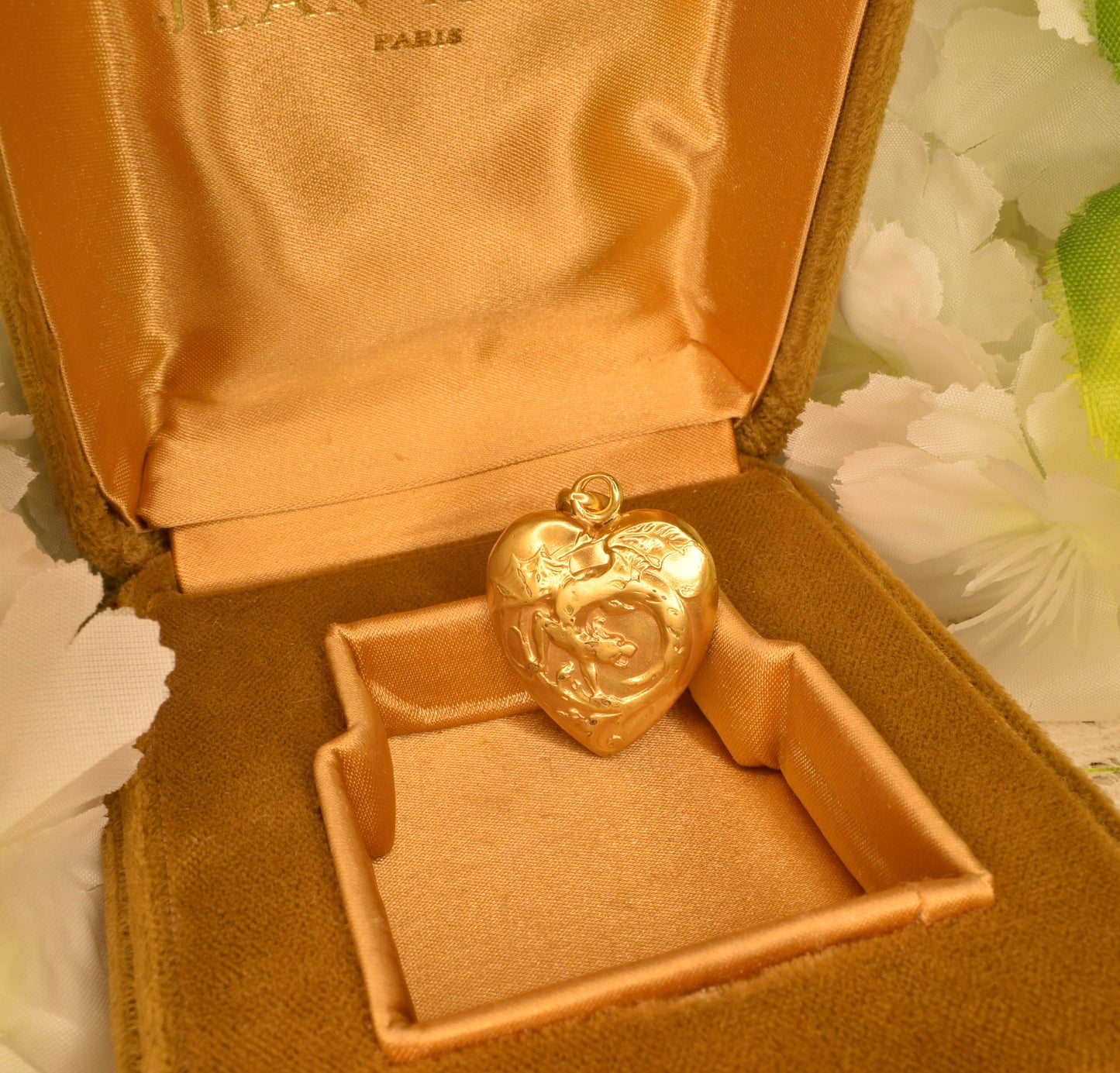 Antique Gold Plated Heart Pendant, Art Nouveau Chimera Charm, FIX Hallmark, Puffy Heart Vintage Jewelry