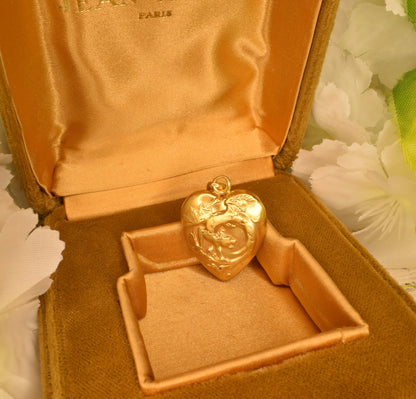 Antique Gold Plated Heart Pendant, Art Nouveau Chimera Charm, FIX Hallmark, Puffy Heart Vintage Jewelry
